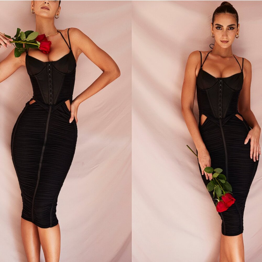 House of CB ‘Maya’ Black Ruched Midi Dress NWOT